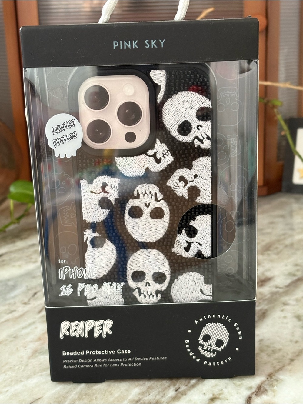 💀 iPhone 16 Pro Max Reaper Beaded Protective Pink Sky Case Black White Skull NWT